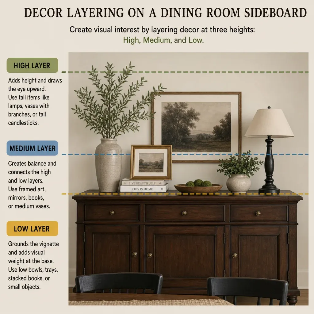 Visual diagram showing the high, medium, and low layering of decor on a dining room sideboard in English