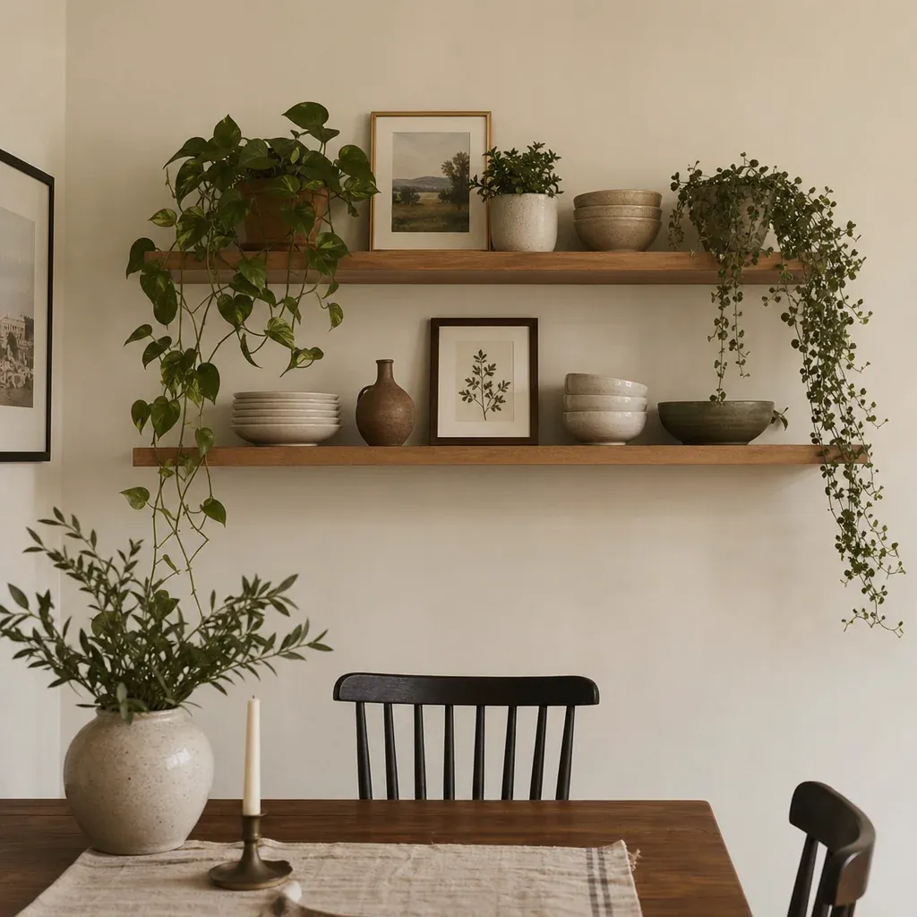 Floating shelves on a dining room wall styled with trailing plants, framed art, and ceramic dinnerware