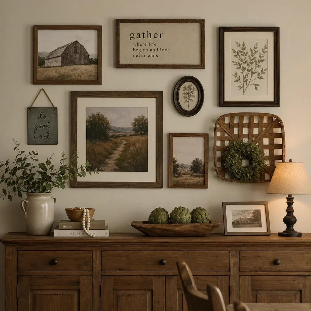 A beautifully arranged rustic gallery wall above a wooden dining room sideboard