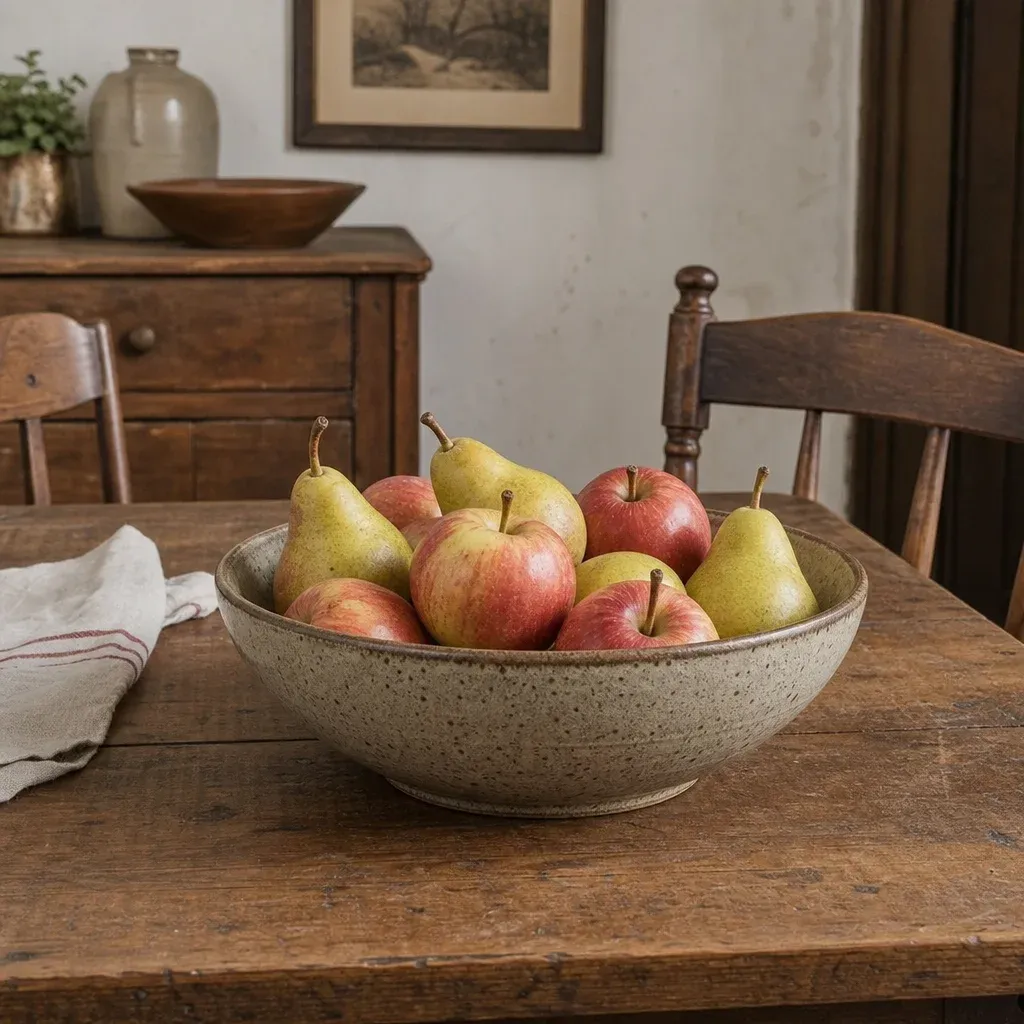 A rustic wooden dining table featuring a stoneware bowl filled with fresh apples and pears