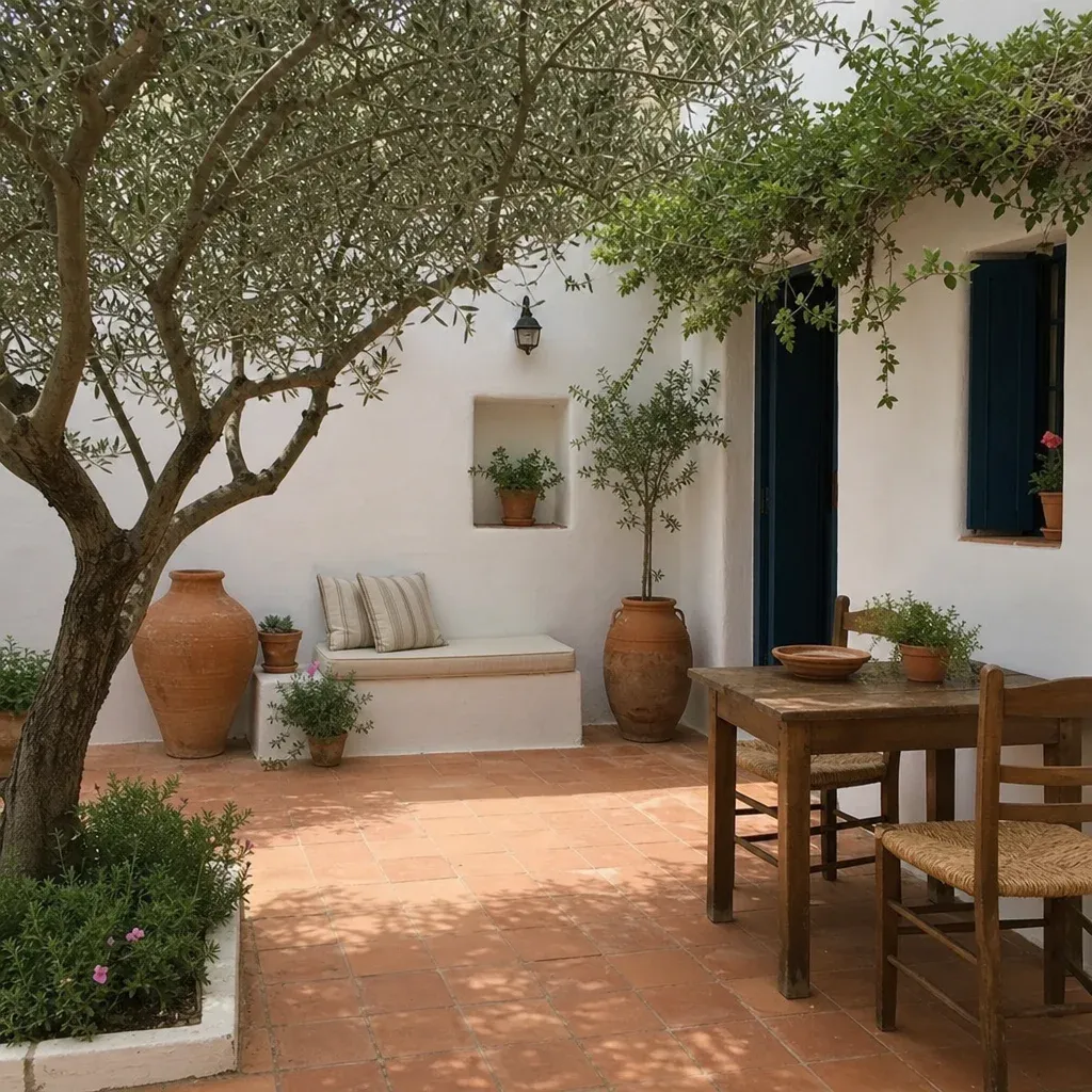 A Mediterranean patio with terracotta tiles, white plaster walls, and olive trees