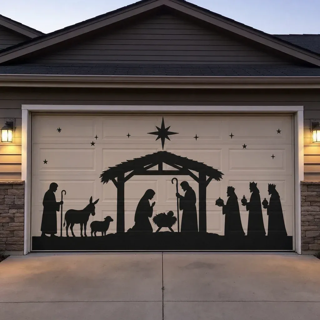 A double garage door featuring a large-scale magnetic Nativity scene silhouette
