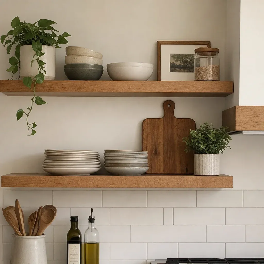 Styled open kitchen shelving featuring stacked plates, a wooden cutting board, and a small potted plant