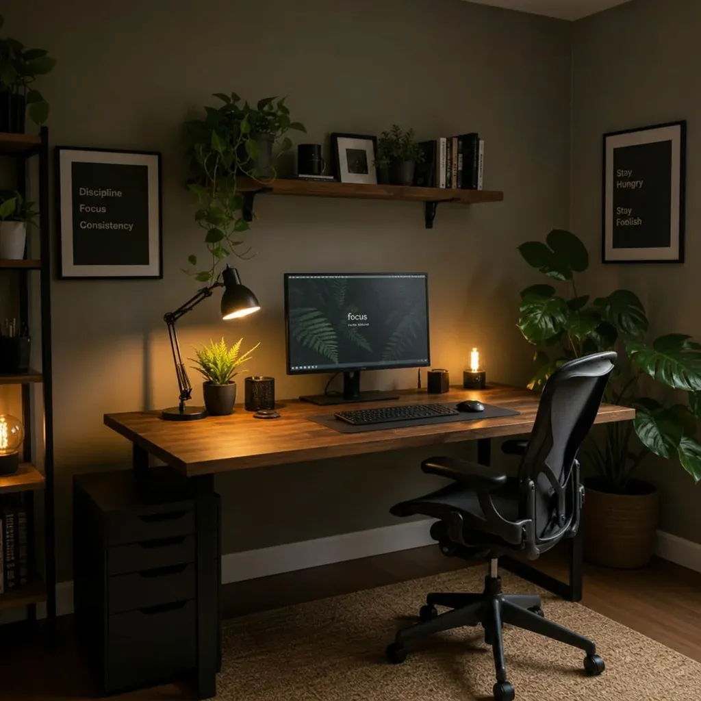 A functional and aesthetically pleasing home office with a wooden desk and low-light indoor plants