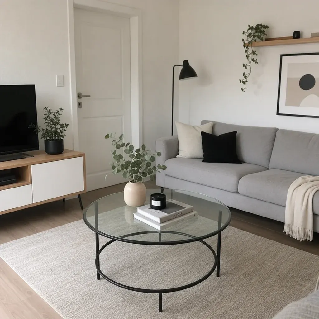 A round glass coffee table in a modern, small living room decorated with minimalist items to keep the space feeling open