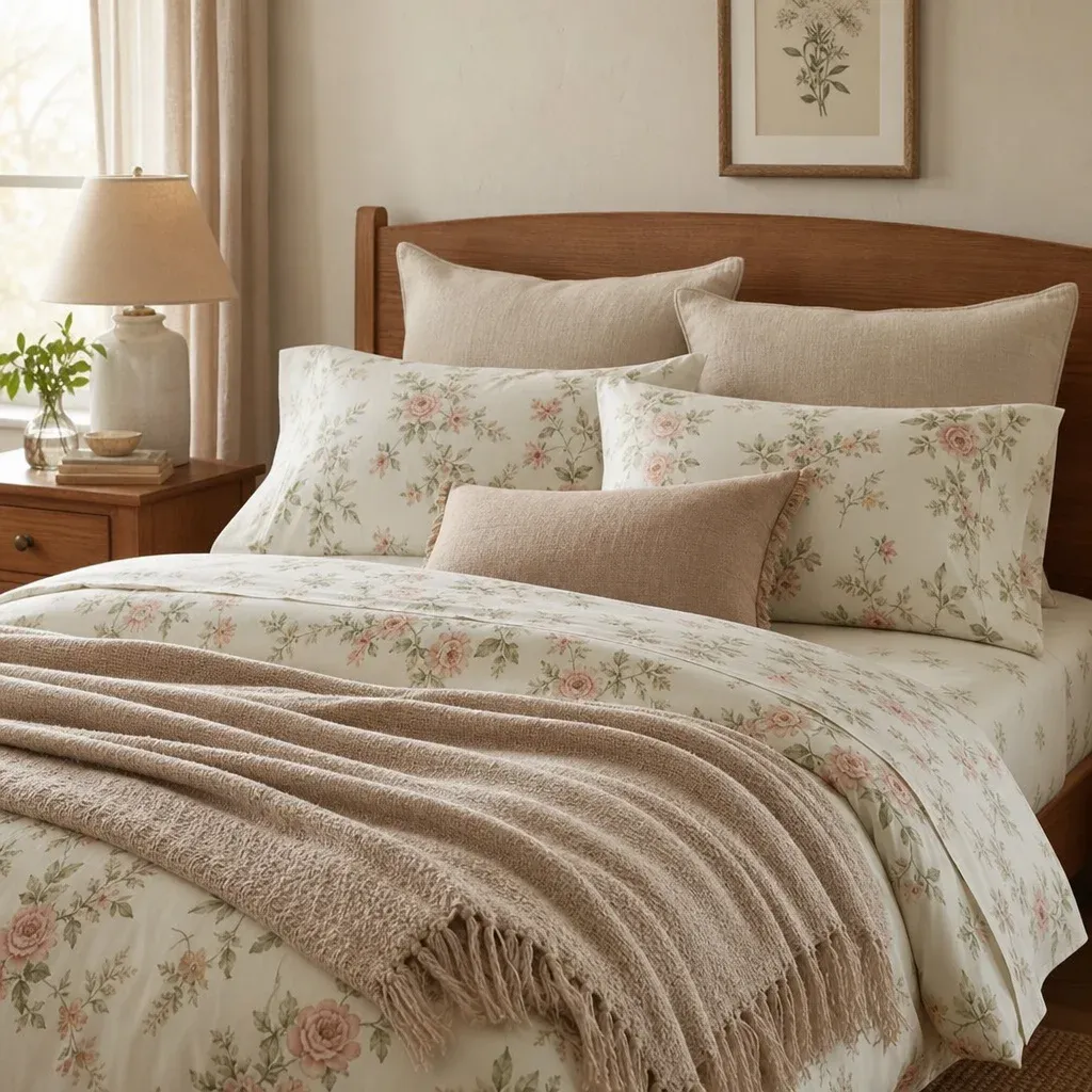 A cozy bed layered with a high thread count floral sheet set, a textured throw blanket, and linen pillows