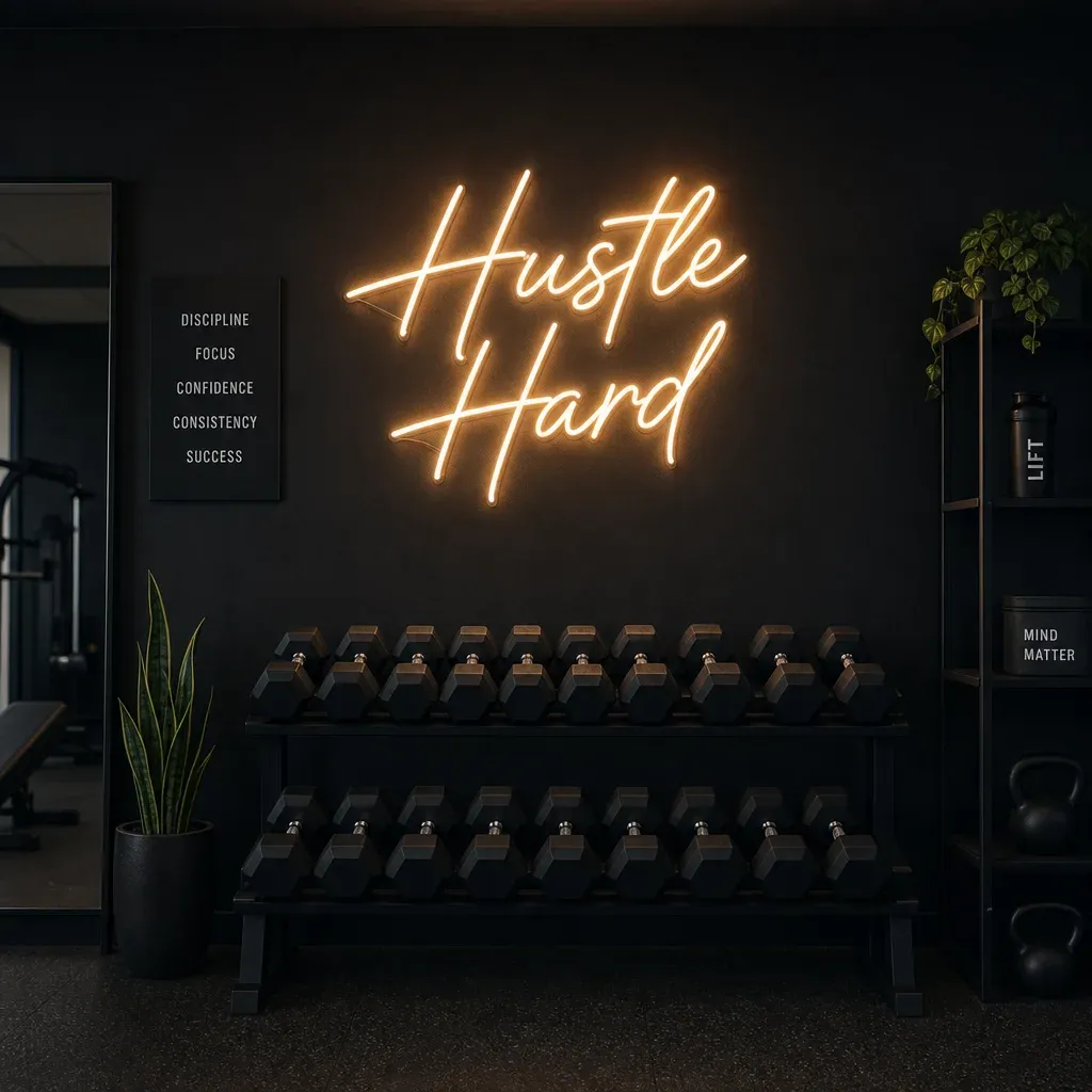A sleek black accent wall featuring a glowing custom neon sign that says ‘Hustle Hard’ above a dumbbell rack
