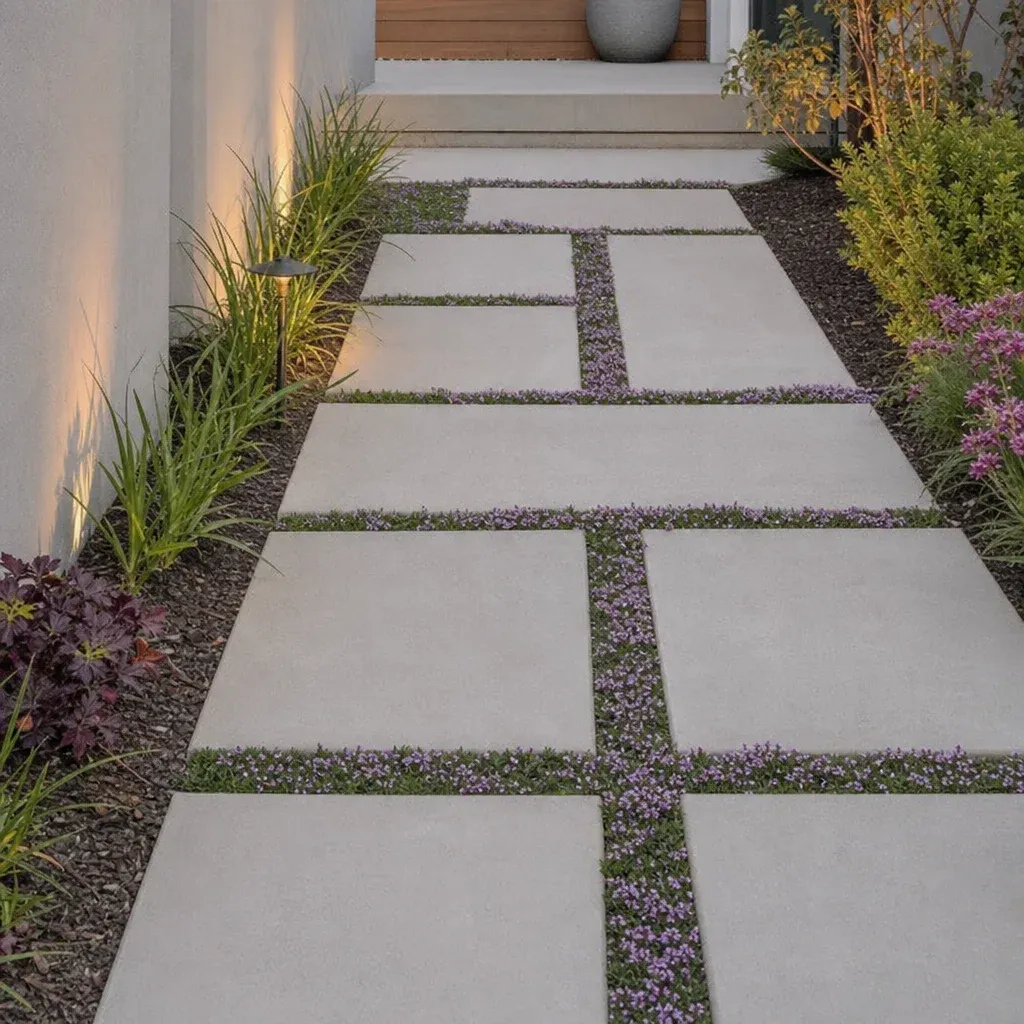 A modern pathway with geometric concrete slabs and creeping thyme