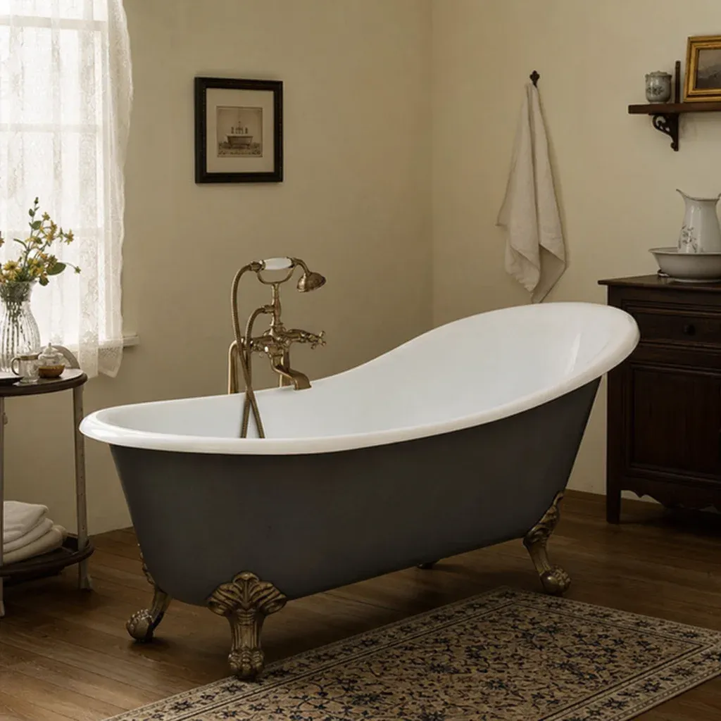 Classic slipper cast iron clawfoot tub with antique brass fixtures