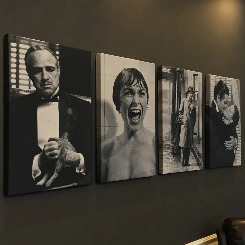 Acoustic panels printed with classic movie scenes hanging on a dark wall