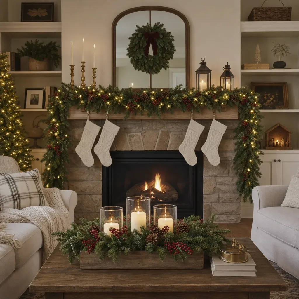 A beautifully styled fireplace mantel with thick garland and a festive coffee table centerpiece