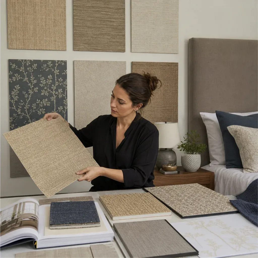Interior designer analyzing textured wall coverings for a bedroom renovation project