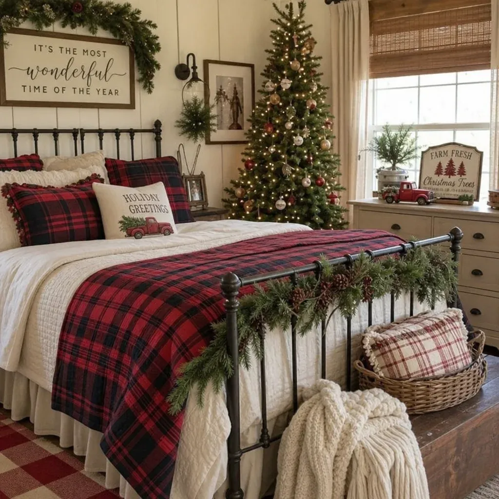 A rustic farmhouse style bedroom decorated for the holidays with plaid blankets