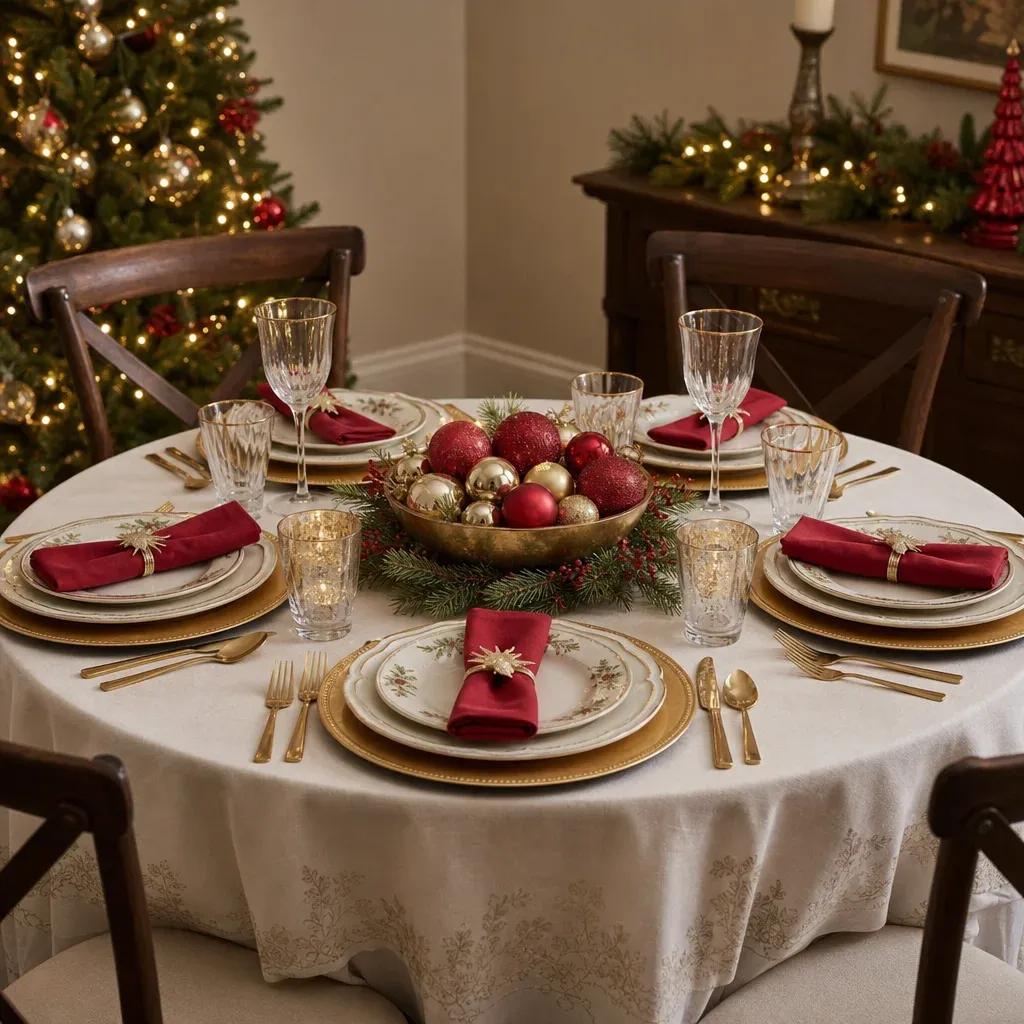 A small, beautifully decorated round dining table for Christmas, featuring a centralized bowl of ornaments and elegant glassware