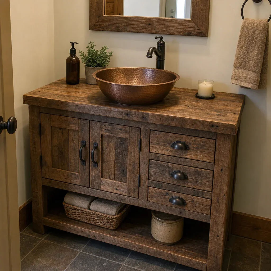 A reclaimed wood vanity featuring a hammered copper vessel sink in English