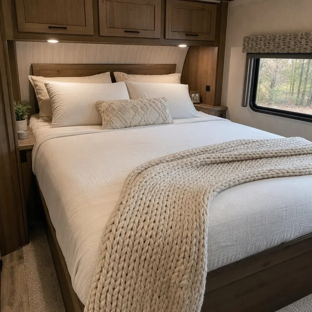 A plush short queen RV bed layered with breathable bamboo sheets, a chunky knit throw blanket, and a memory foam topper