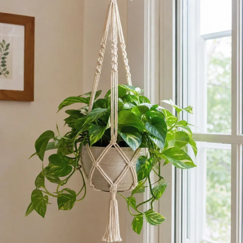 A handmade plant hanger holding a lush green pothos plant next to a bright window