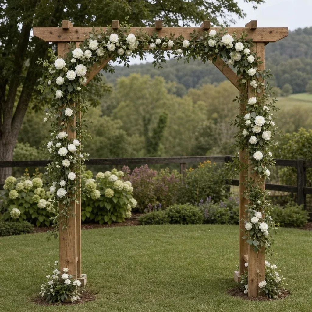 A beautifully constructed DIY floral arbor with white roses and greenery