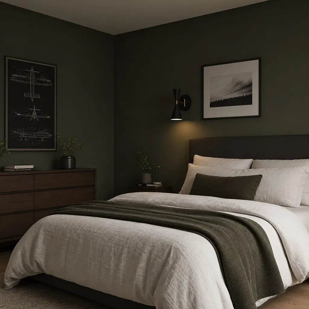 A minimalist bachelor bedroom with dark green walls, crisp linen bedding, and a modern sconce light