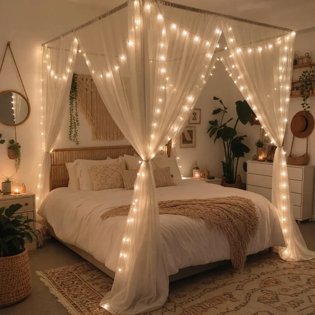 A sheer white canopy bed elegantly draped with glowing fairy lights in a boho style bedroom