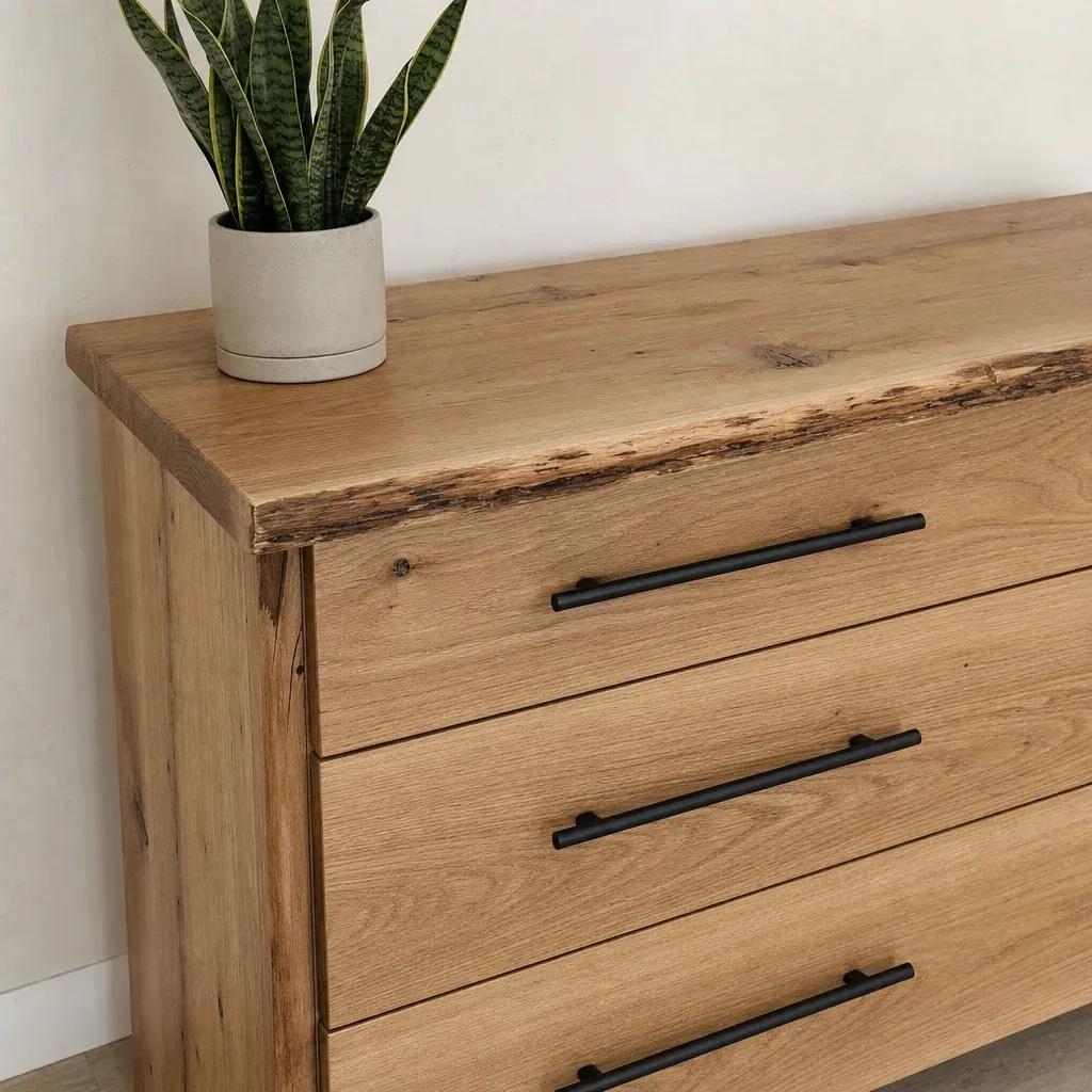 Detailed shot of a raw edge wooden dresser with sleek matte black drawer pulls and a small potted snake plant on top
