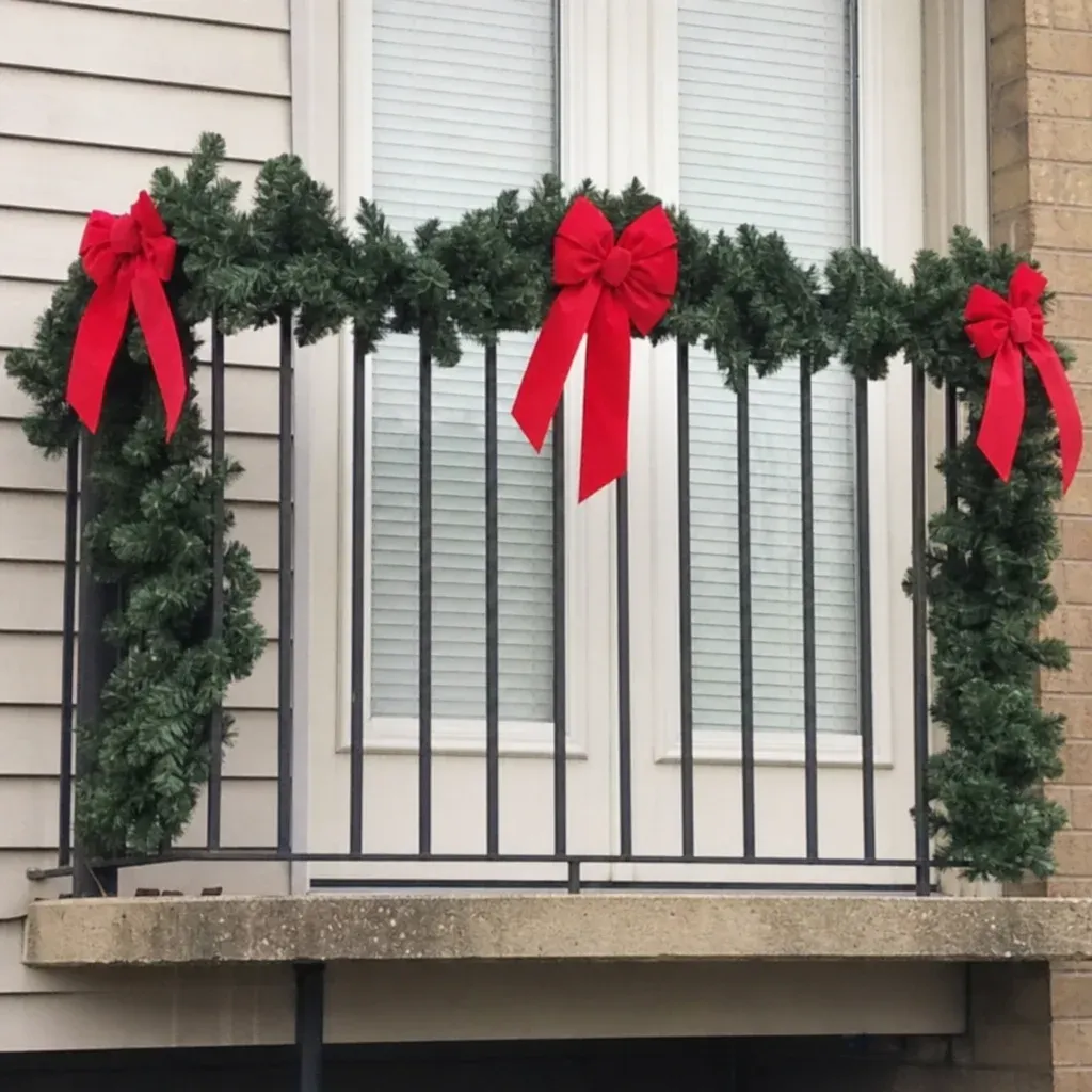 Thick faux evergreen garland wrapped around a metal balcony railing, adorned with red bows