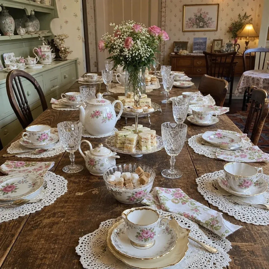 A long wooden table set for a vintage English tea party with floral china and crystal glasses
