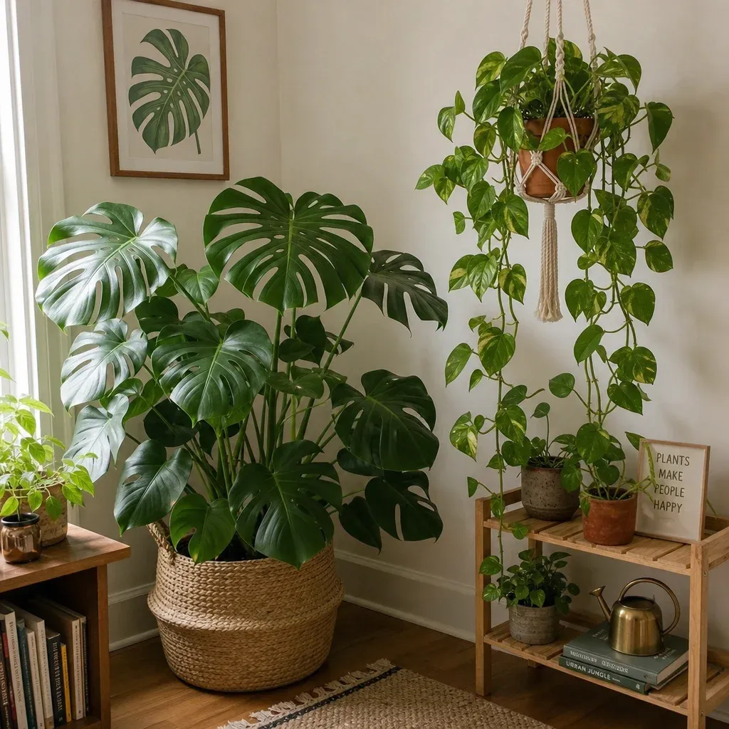 A lush corner filled with indoor plants, featuring a large Monstera in a floor basket and a trailing Pothos plant in a hanging macrame planter