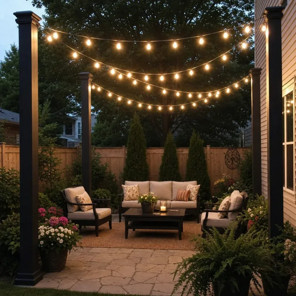 String lights hung between black decorative wooden posts over a cozy backyard patio