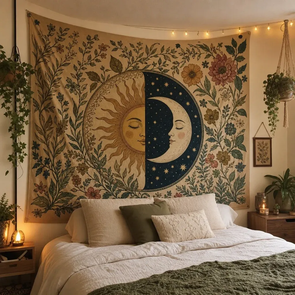 Large botanical sun and moon tapestry hanging beautifully in a renter-friendly bedroom