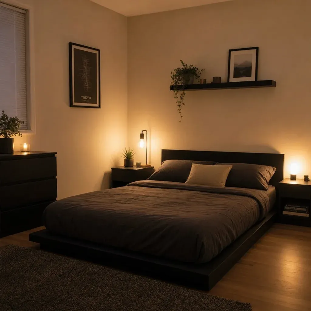 A small bedroom layout featuring a low-profile black platform bed, bathed in soft, warm ambient lighting