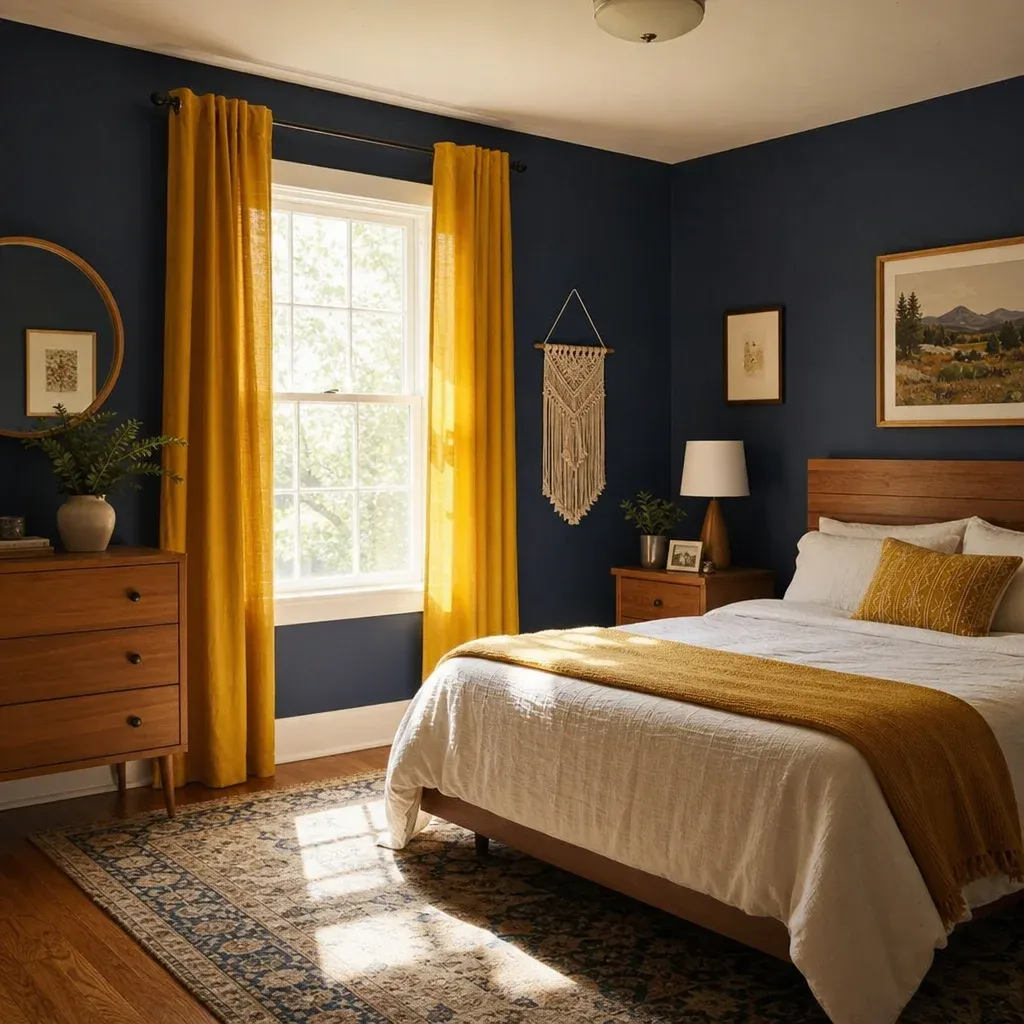 A sunlit bedroom with mustard yellow curtains against dark navy blue walls