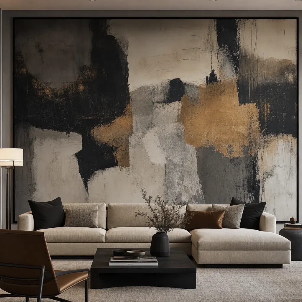 A large living room wall featuring a massive piece of abstract statement art layered behind a modern sofa