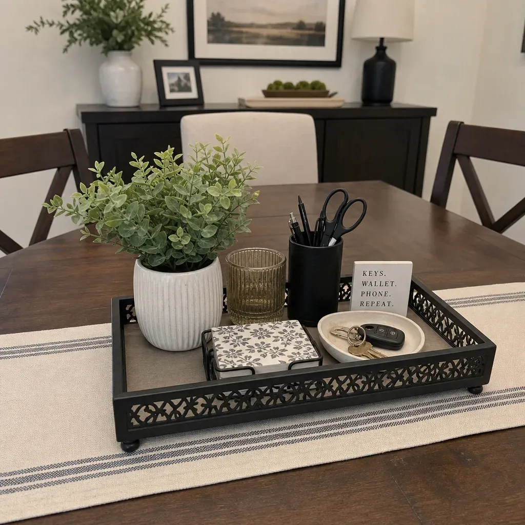 A modern dining room setup showing functional everyday items organized on a decorative tray in English