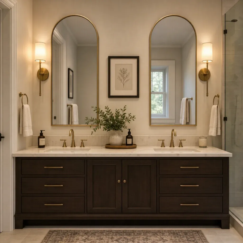 A double bathroom vanity showing elegant mirror and lighting coordination
