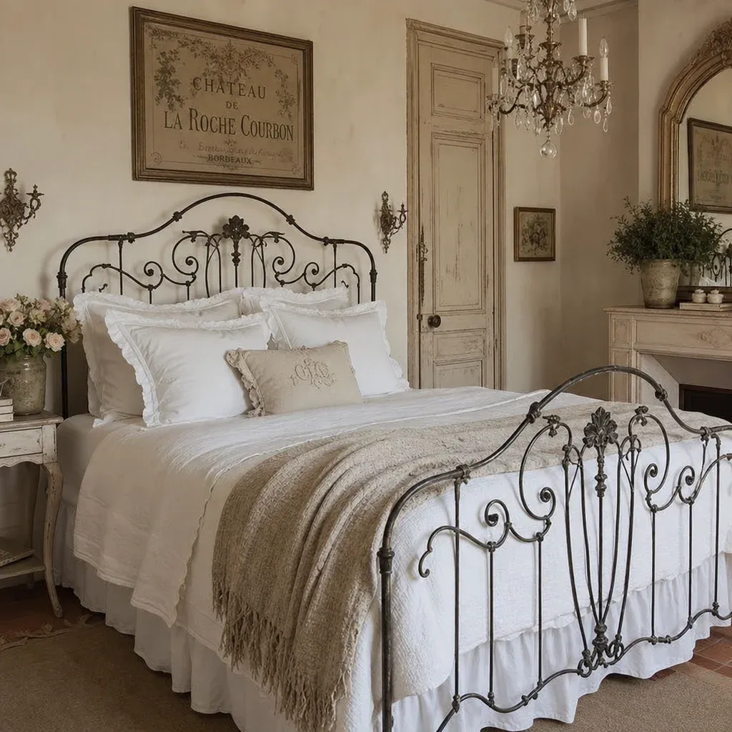 A beautifully styled vintage wrought iron bed layered with white linens and a neutral throw blanket in a French bedroom