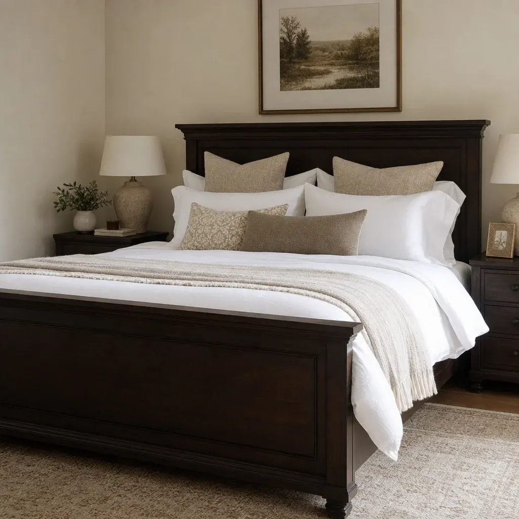 A dark wood bed beautifully styled with crisp white linen bedding and layered neutral throw pillows