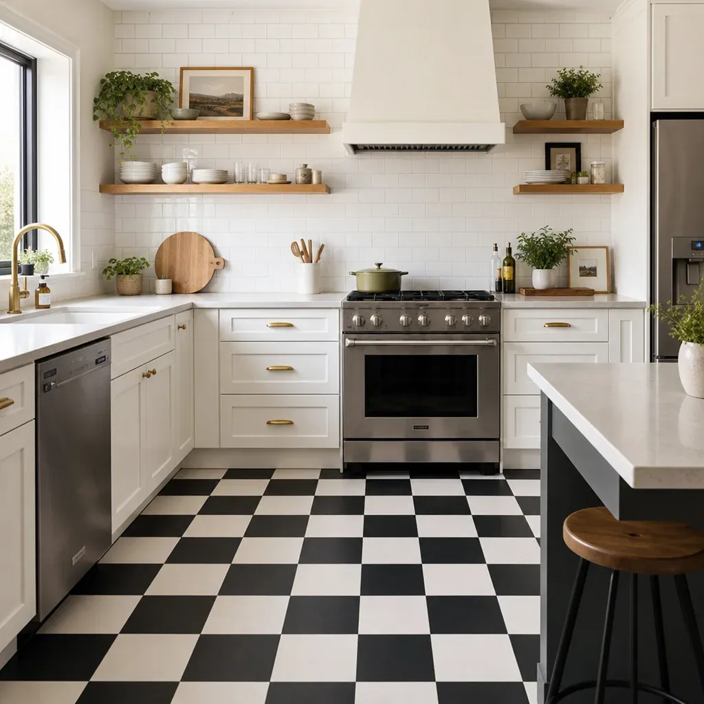 Classic checkered tile flooring pattern in a bright modern kitchen with white subway tile and floating shelves