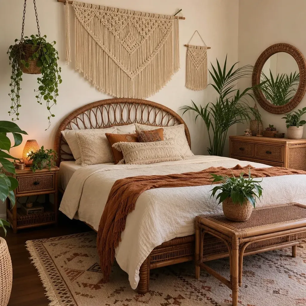 A bohemian bedroom with coffee colored rattan furniture, cream macrame hangings, and lush green plants