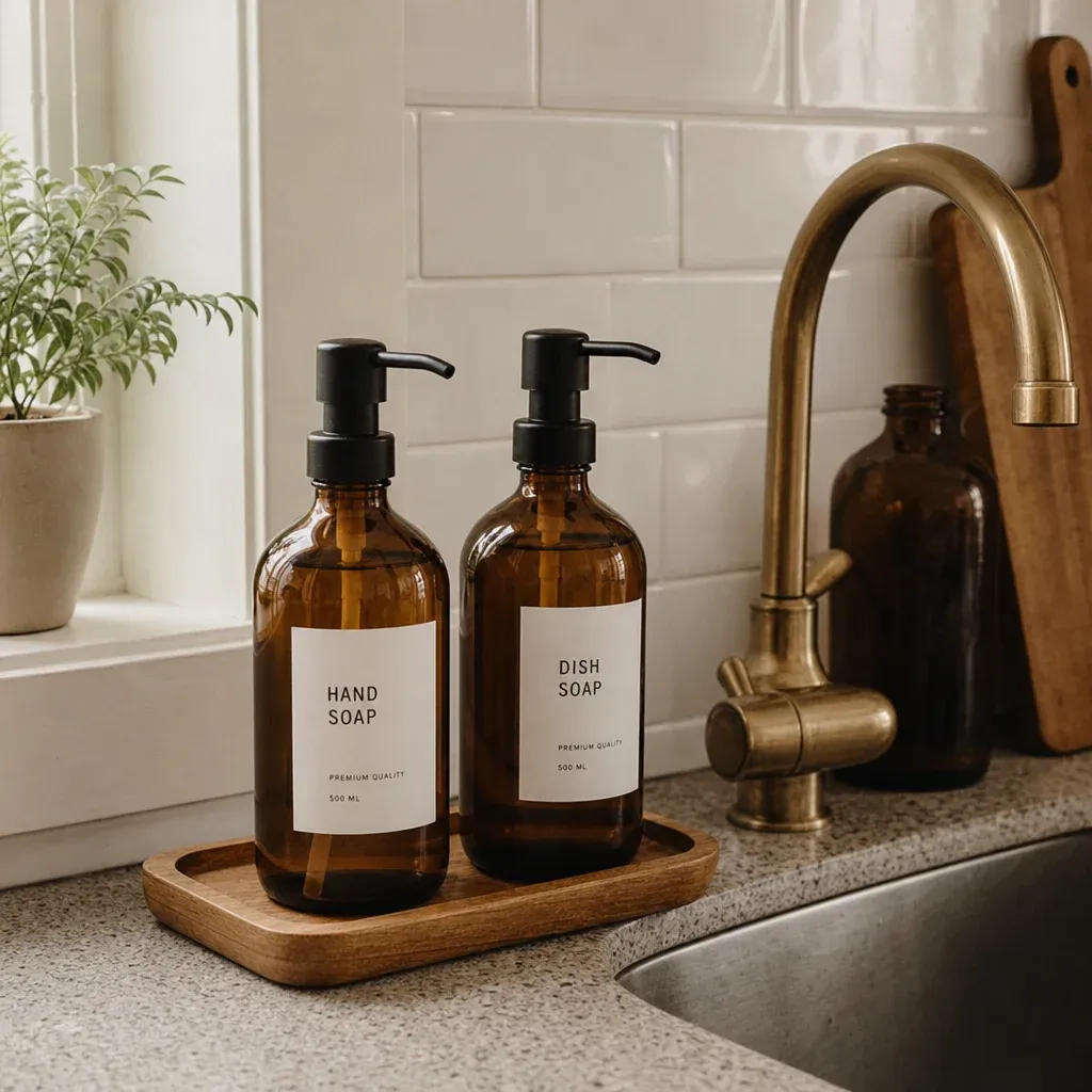 Aesthetic amber glass soap dispensers sitting on a small wooden tray next to a kitchen sink