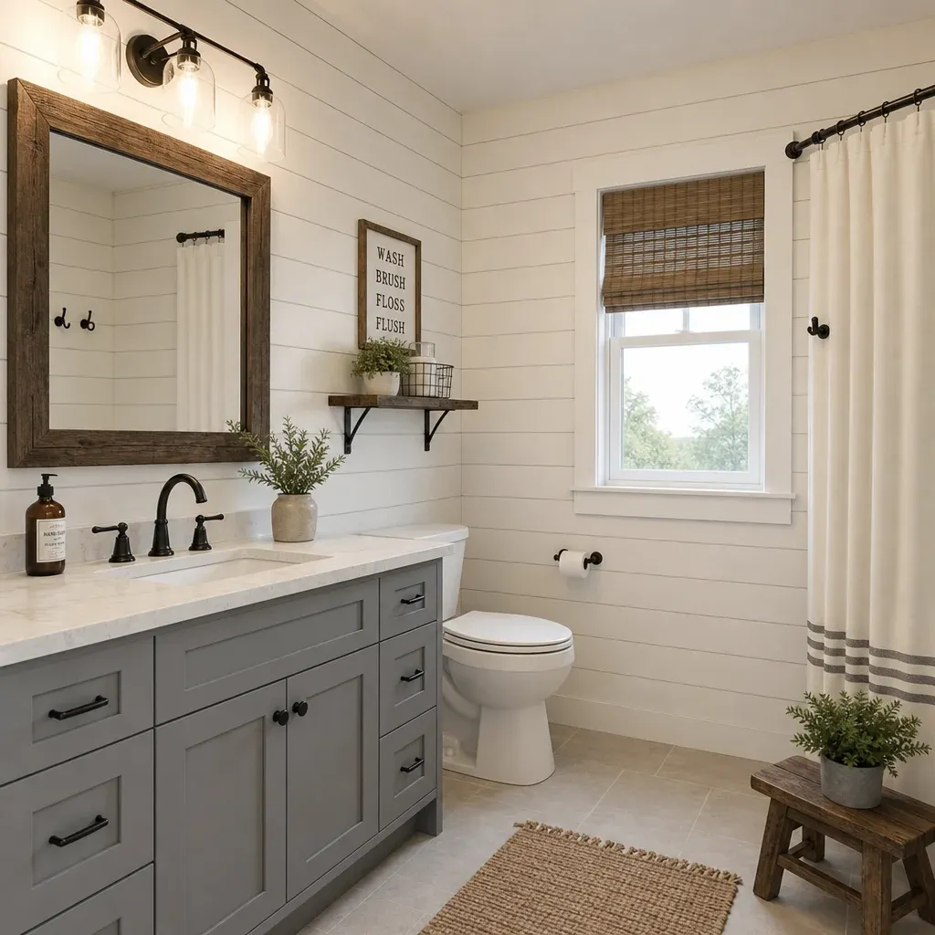 A modern farmhouse bathroom featuring a gray shaker vanity and shiplap walls