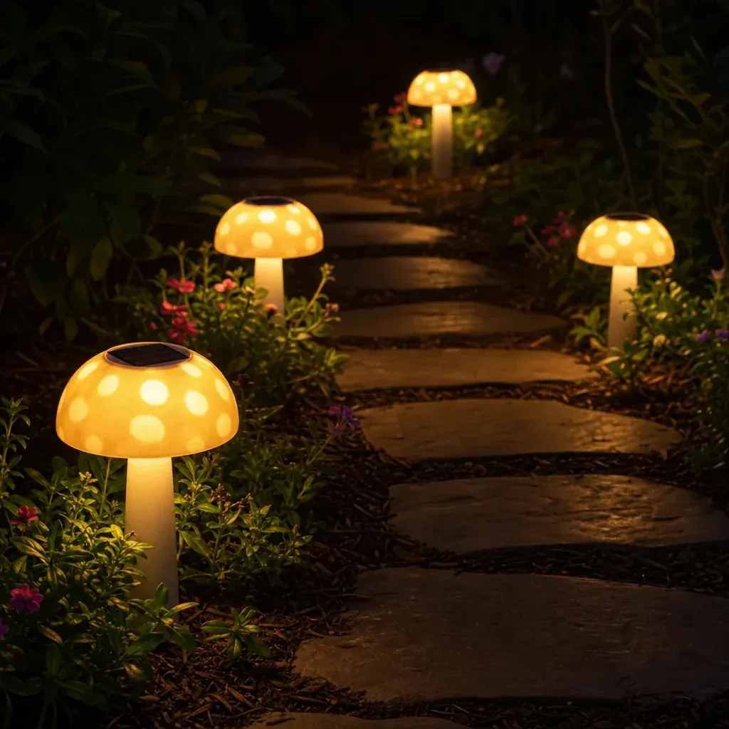 Glowing solar mushroom lights illuminating a dark garden pathway