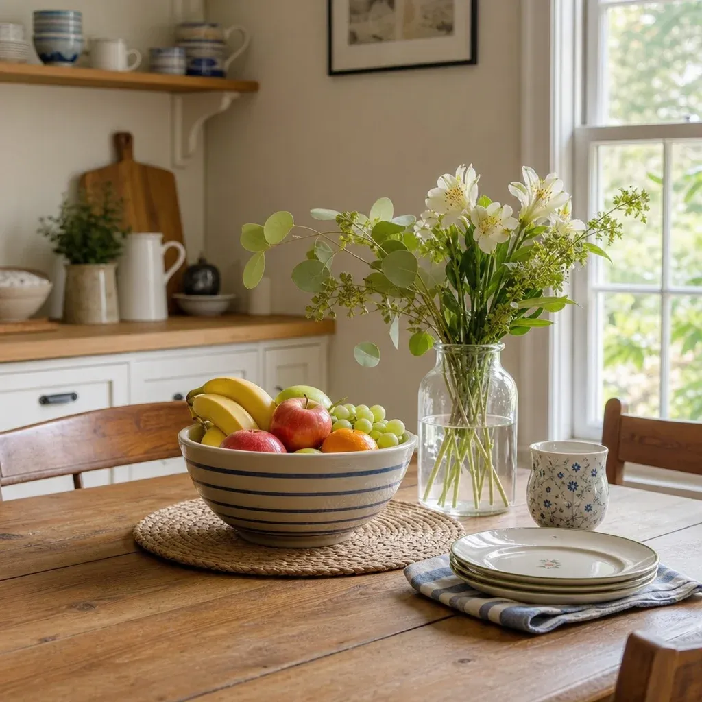 A casual, beautifully styled kitchen table with a fresh fruit bowl and natural light in English