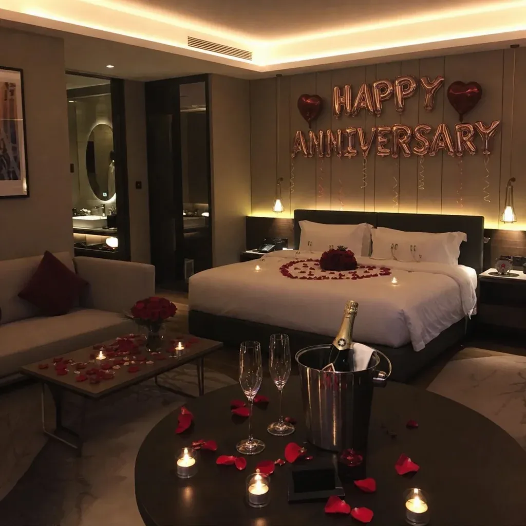 A luxurious boutique hotel suite featuring a custom anniversary setup with champagne and mood lighting