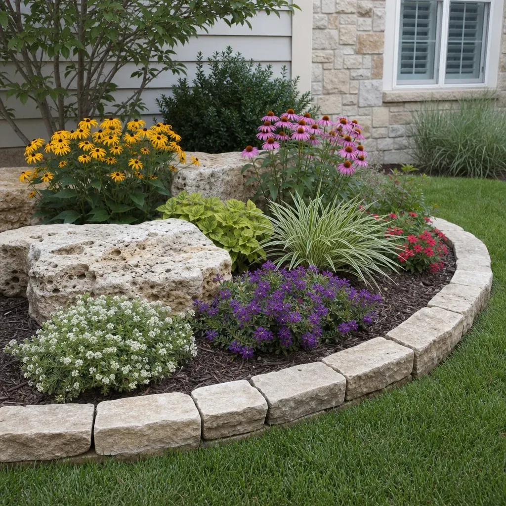 A neat flower bed utilizing weathered limestone accents and stone edging