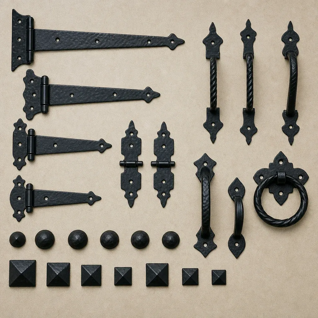Various types of decorative garage door hardware laid out, including hinges, clavos, and handles
