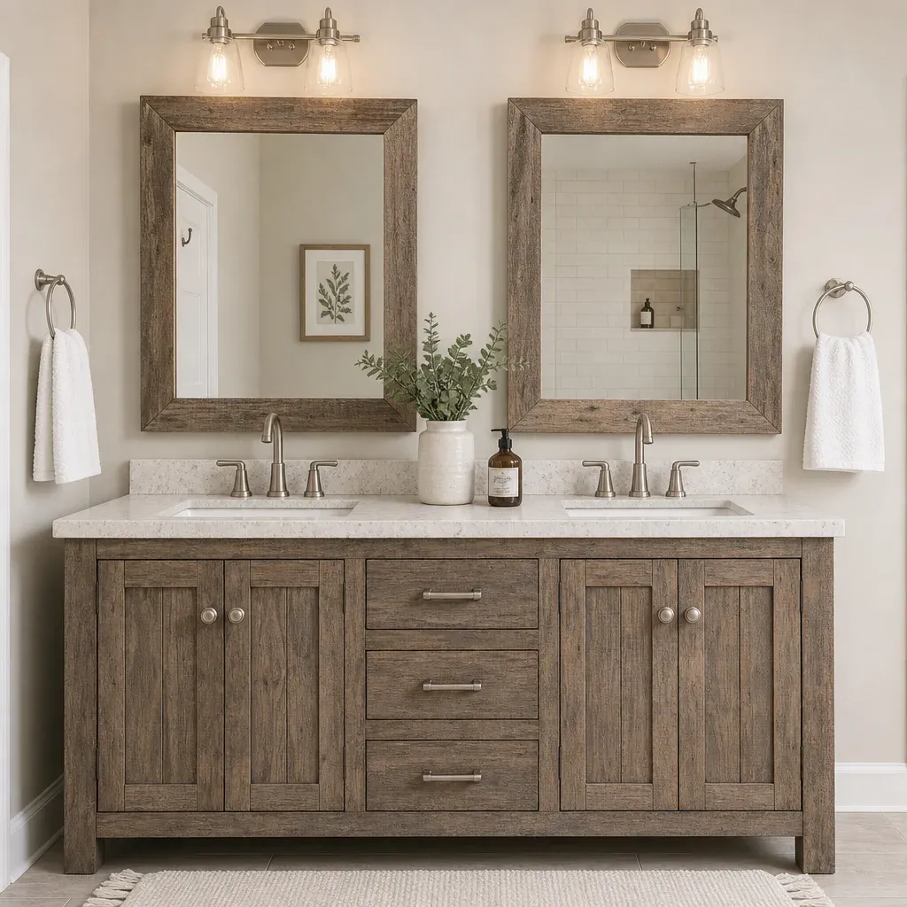 A double vanity featuring two rustic weathered wood mirrors and brushed nickel hardware