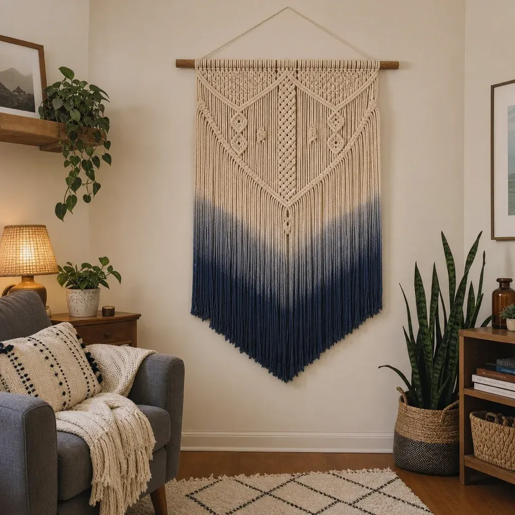 A cozy living room corner showcasing a large, modern dip-dyed macrame wall hanging