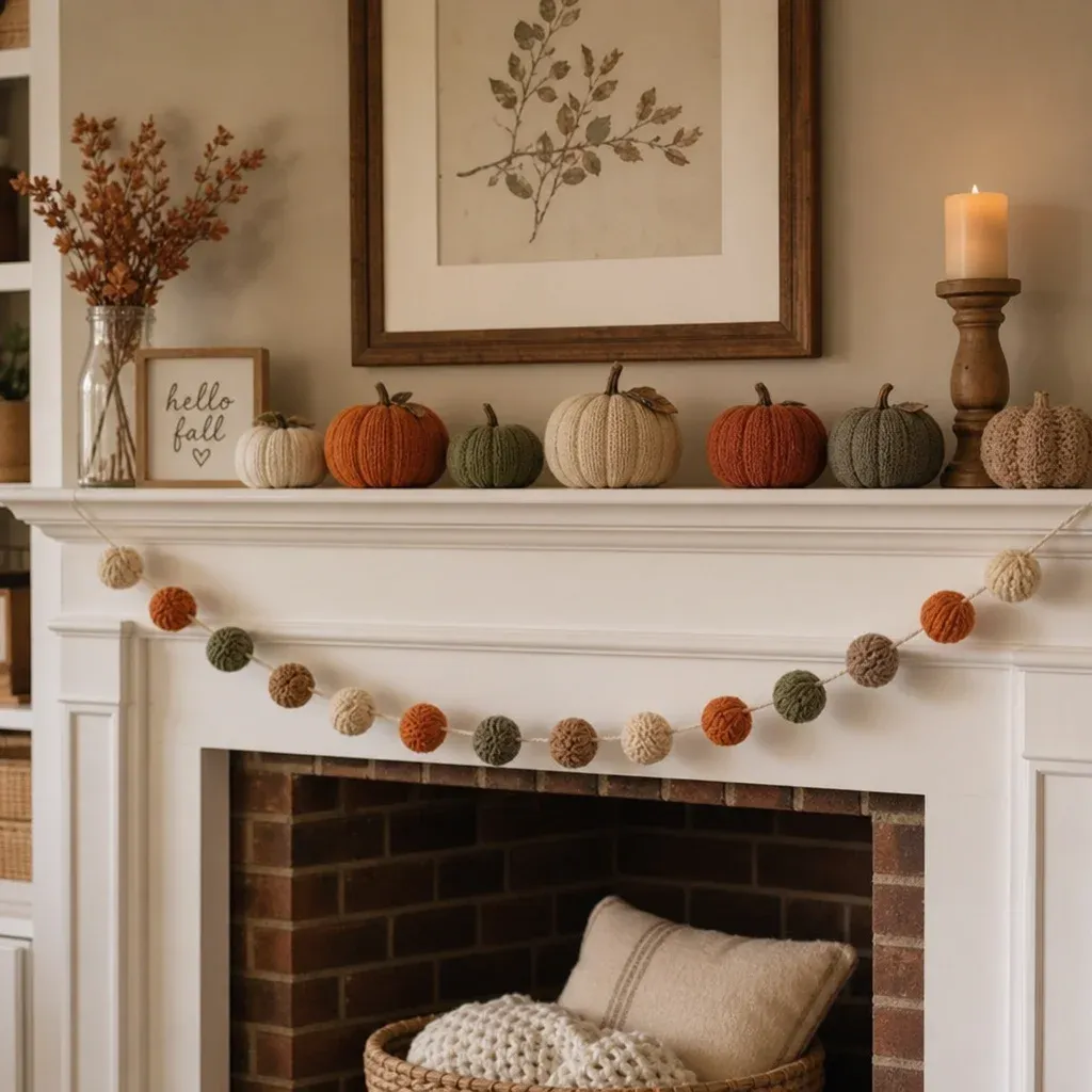 A well styled fireplace mantle decorated with small seasonal handcrafted pumpkins and a delicate yarn garland