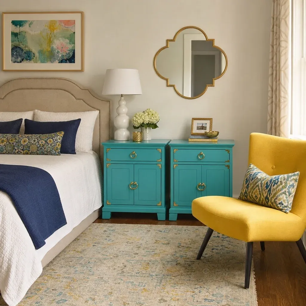 A modern bedroom with turquoise painted nightstands featuring gold hardware next to a yellow upholstered chair